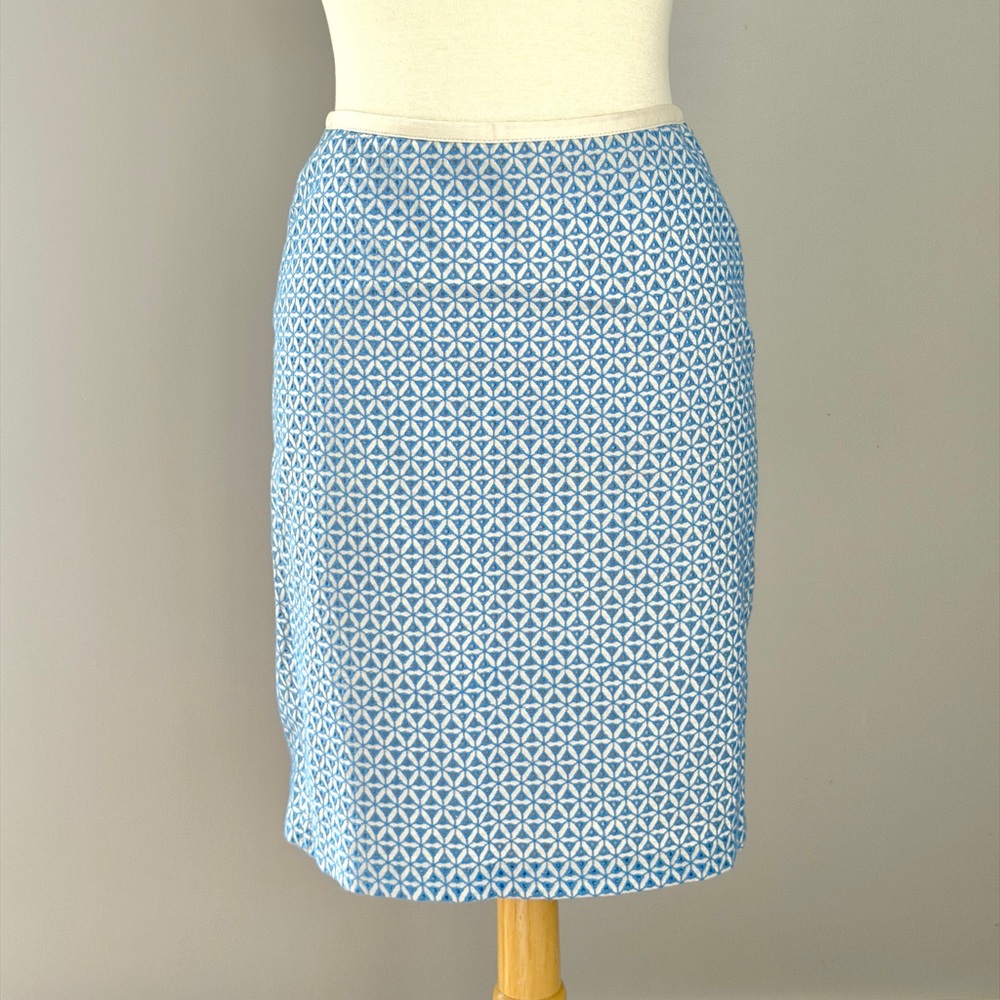 Talbots Blue Cream Pencil Midi Skirt Petite 2P Cotton Preppy Coastal Classic